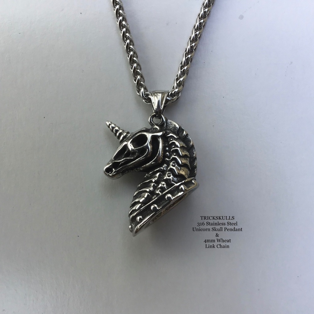 Unicorn Zebra Horse Skull 316 Stainless Steel Pendant & Custom Wheat Link Chain